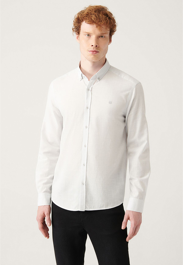 Avva Men's Grey Button-Down Collar 100% Cotton Linen Textured Shirt E002141