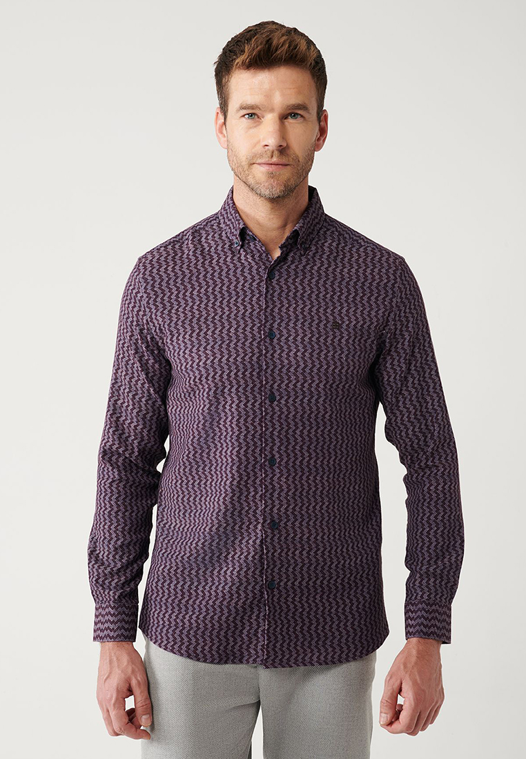 Avva Men's Claret Red Buttoned Collar Patterned Flexible Cotton Shirt A32Y2145