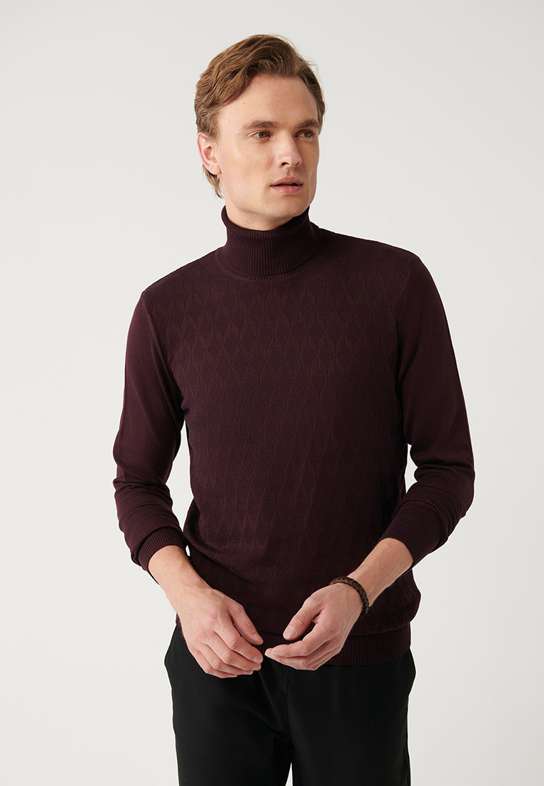 Avva Men's Burgundy Turtleneck Cotton Patterned Knitwear Sweater A32Y5198