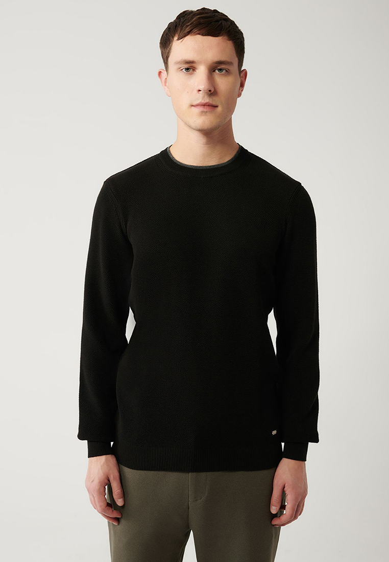 Avva Men's Black Double Collared Textured Knitwear Sweater A32Y5100