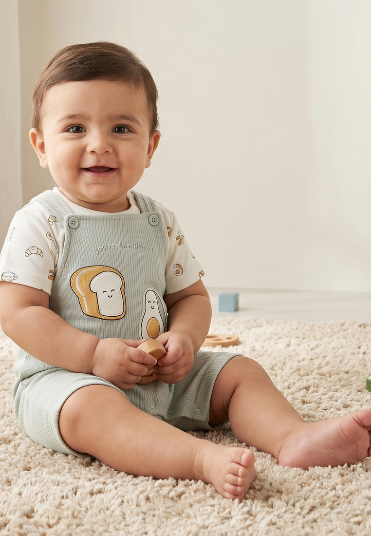 Babyshop Babyshop Juniors Crew Neck Short Sleeves T-Shirt And Dungaree Set With Avocado Toast Print