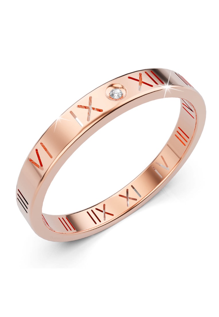 Brilliant Co Roman Numerals Ring in Rose Gold Plated Titanium with Genuine 0.01ct Diamond - 7