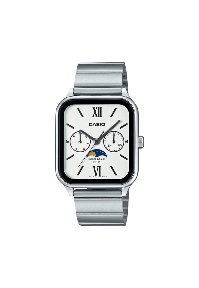 CASIO Moon Phase Men Chronograph Watch MTP-M305D-7A2V Silver Stainless Steel Strap