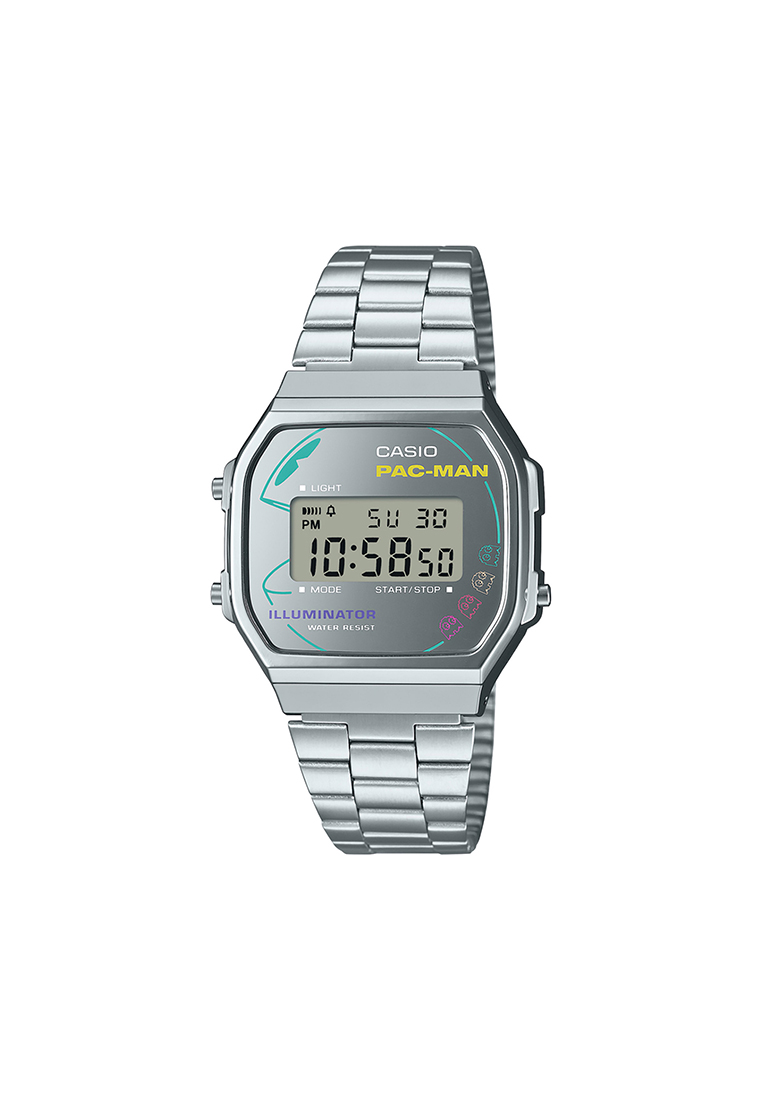 CASIO Vintage x Pac Man Unisex Digital Watch A168WEPC-7A Silver Stainless Steel Strap