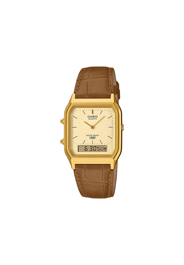CASIO AQ-230EGL-9A Unisex Analog-Digital Watch with Brown Leather Band