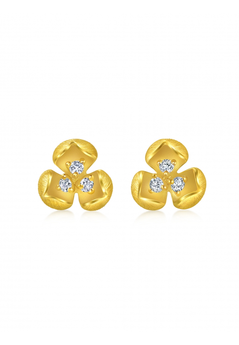 Chow Sang Sang 999 24K Solid Gold Cultural Blessings Blossom Stud Earrings with Diamonds for Women 9