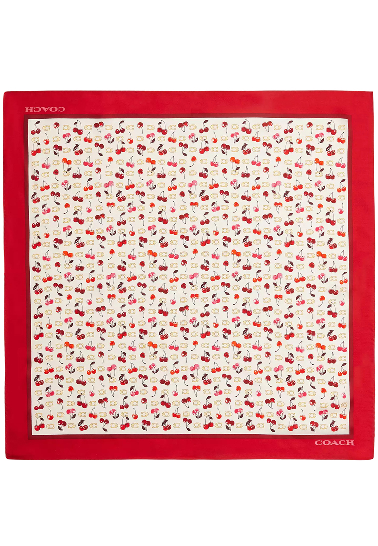 Coach Sculpted C Cherries Print Silk Bandana Scarf- Chalk/ Red CDG76