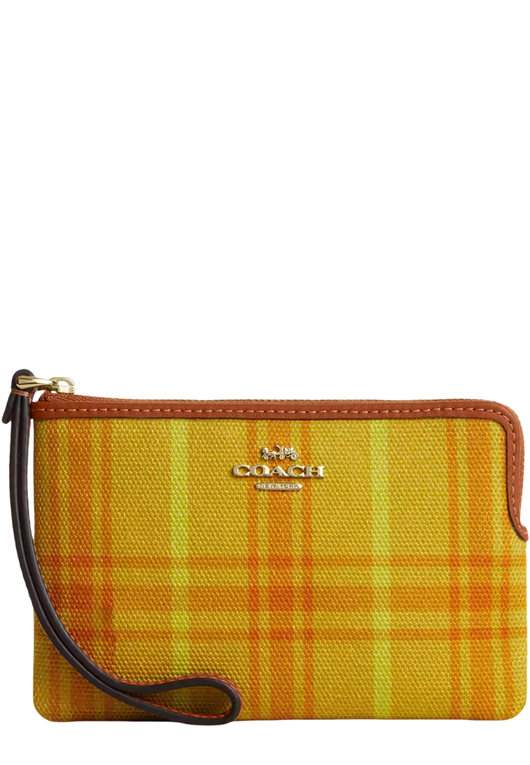 Coach Corner Zip Wristlet In Regenerative Cotton With Plaid Print - Burnished Amber CEF87