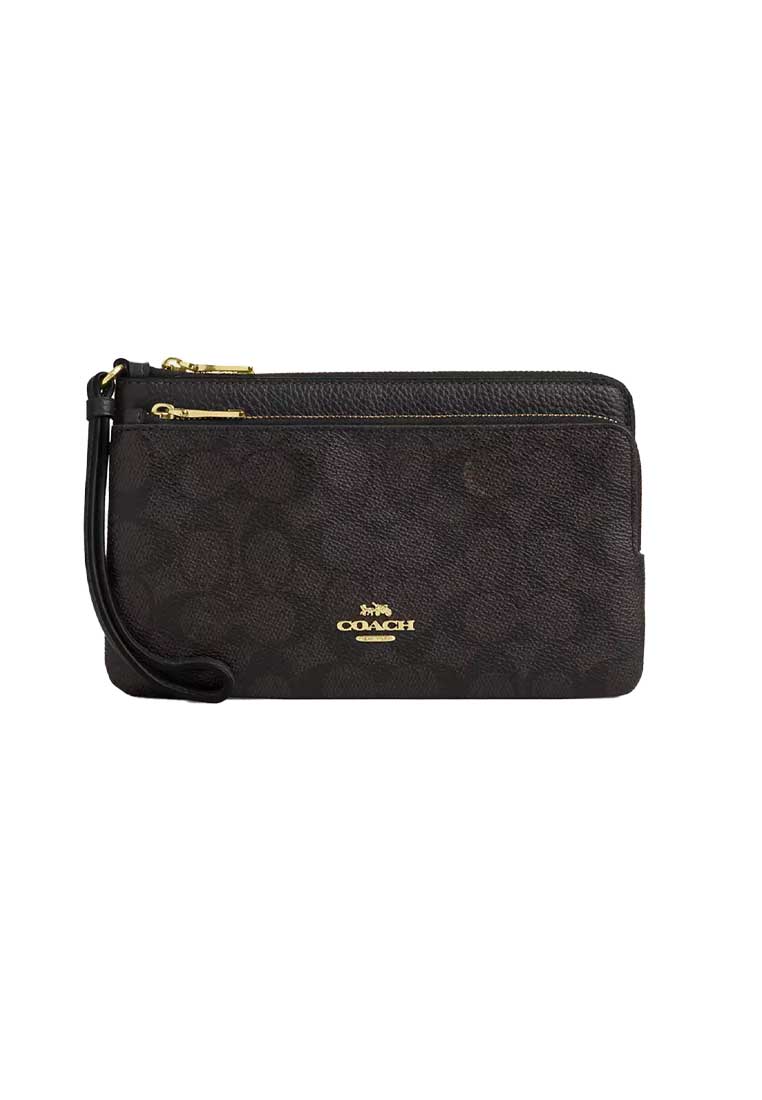 Coach Double Zip Wallet In Signature Canvas Walnut/Black CX161