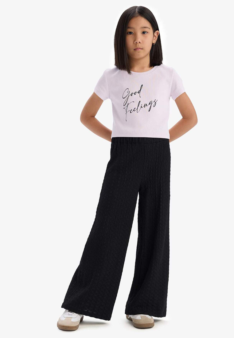 DeFacto Girls' Ribbed Camisole 2-Piece Set Printed Short Sleeve T-Shirt Wide Loose Leg Pants C3814A8
