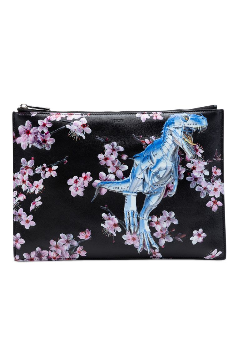 Dior Pre-Loved Dior Hajime Sorayama Calfskin Cherry Blossom Dinosaur Print Zip Pouch