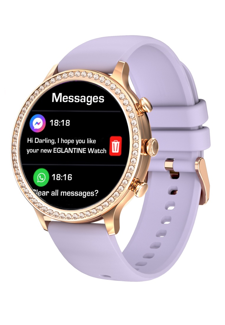 EGLANTINE Ladies Smart Watch Paved with Crystals, Silicone Strap - Bluetooth Call - IOS/Android