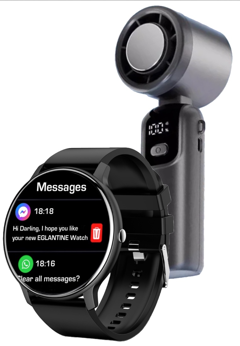 EGLANTINE Stay cool With This Great Tech Set - Unisex Smartwatch - black silicon strap + hand held h