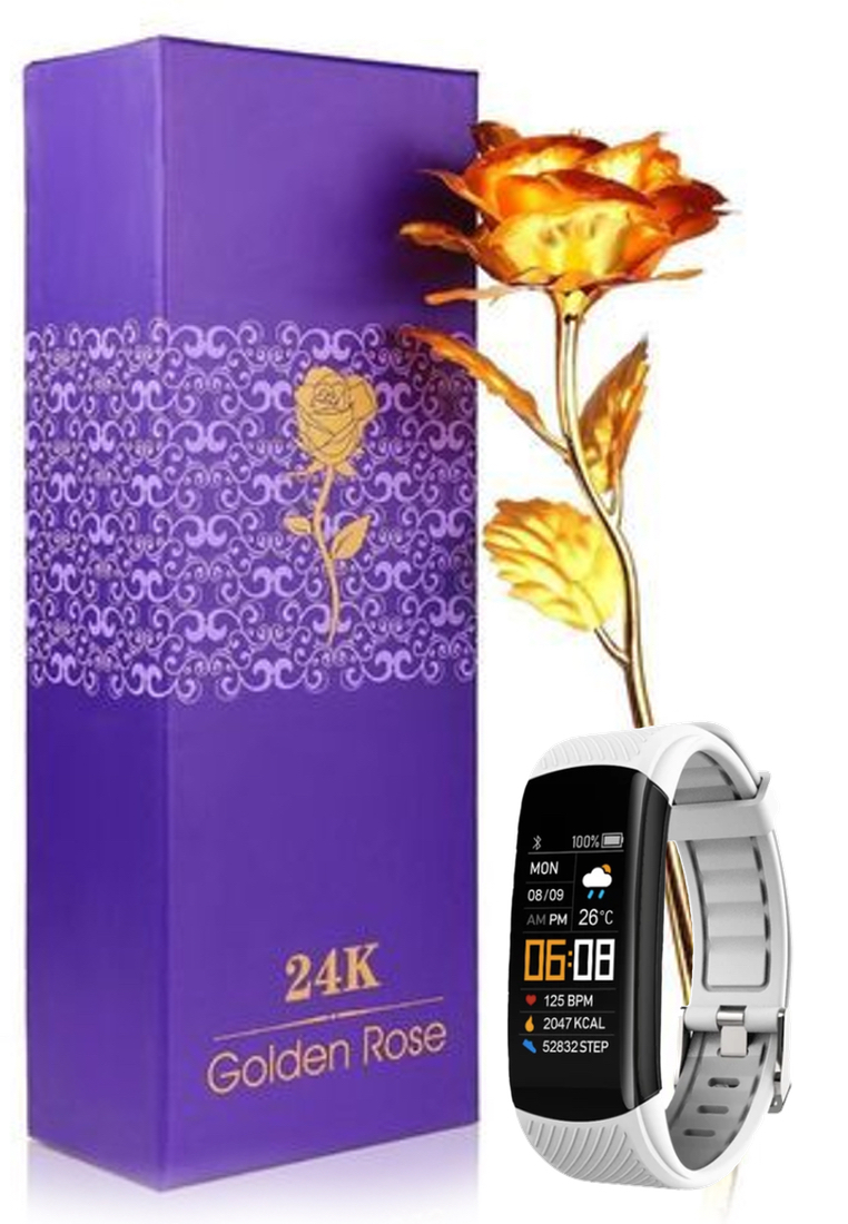 EGLANTINE Gift Set - Fitness Smart Watch / MOHLIA® 24K plated Infinity Rose - Unisex IOS/Android IP 