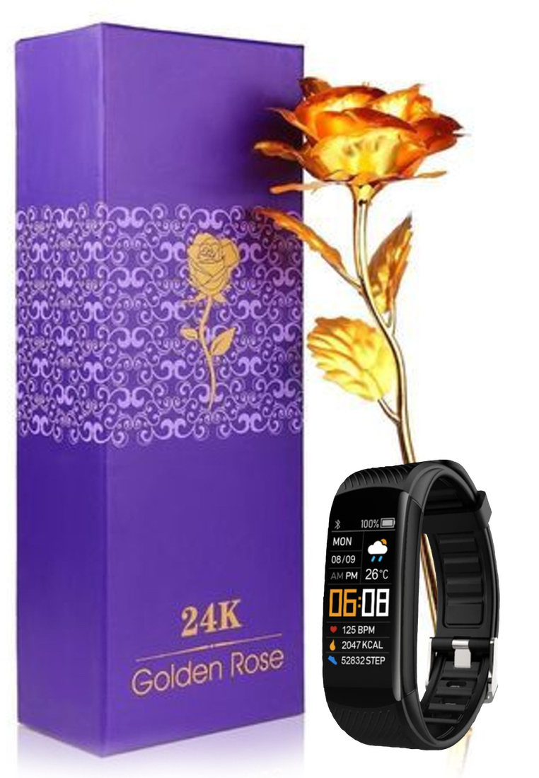 EGLANTINE Gift Set - Fitness Smart Watch / MOHLIA® 24K plated Infinity Rose - Unisex IOS/Android IP 