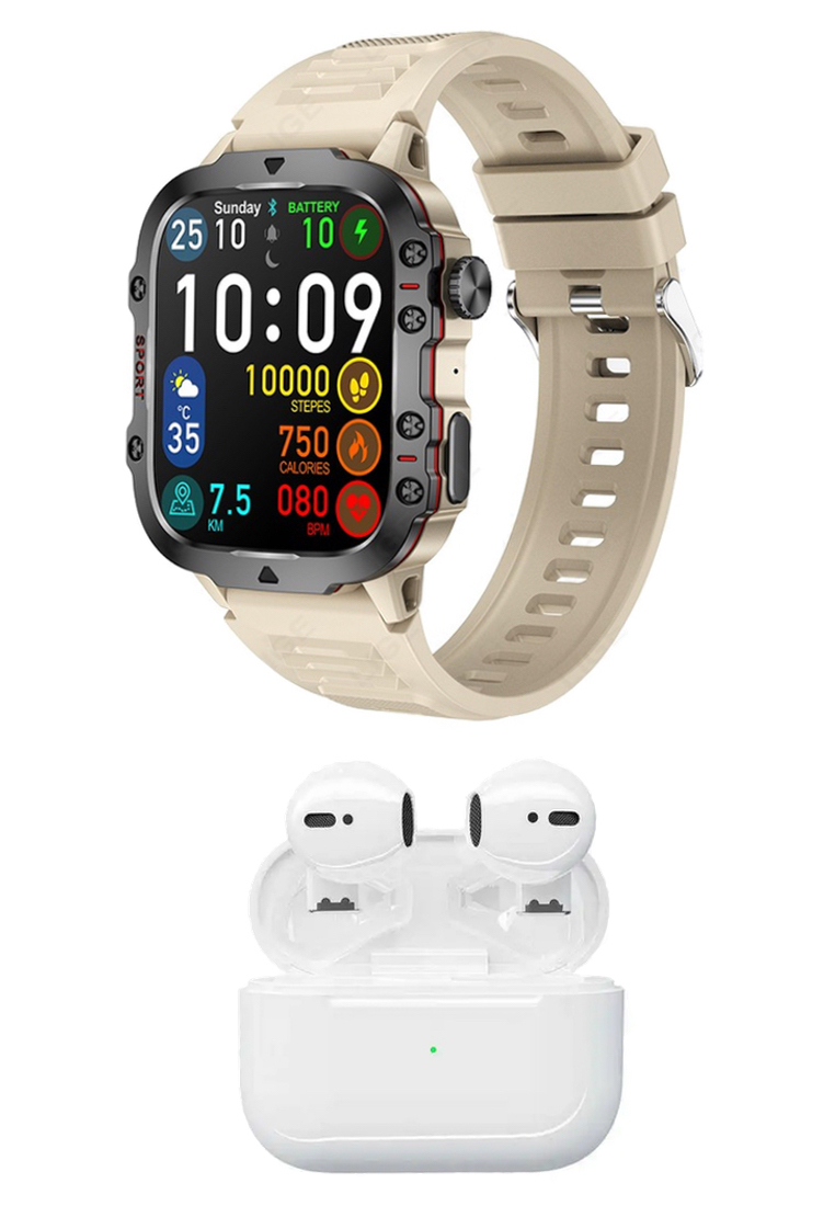 EGLANTINE Value Deal - Unisex Smart Watch + EGLANTINE PRO 5S MINI (TWS) Wireless Earphones - White -