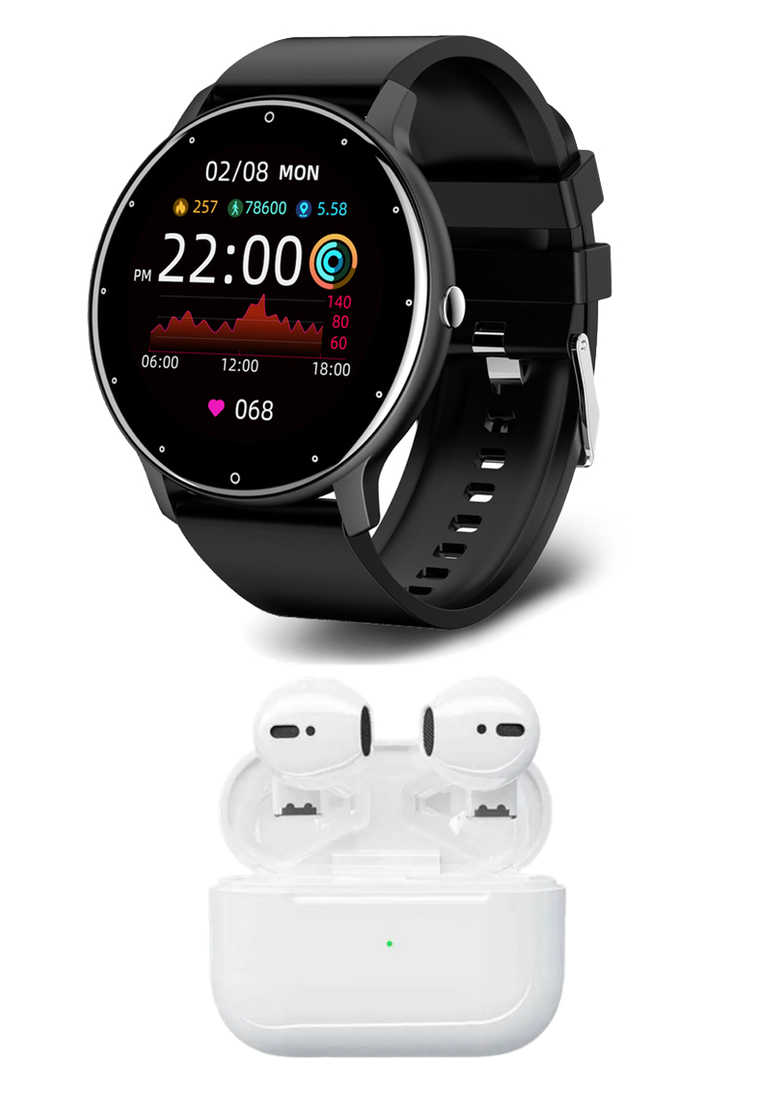EGLANTINE Value Deal - Black Unisex Smart Watch + EGLANTINE®  5s MINI PRO wireless earphones - White