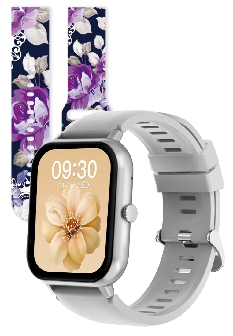 EGLANTINE Zalora Special offer - IOS/Android Black SmartWatch with 2 Rubber Straps (Purple Flowers/G