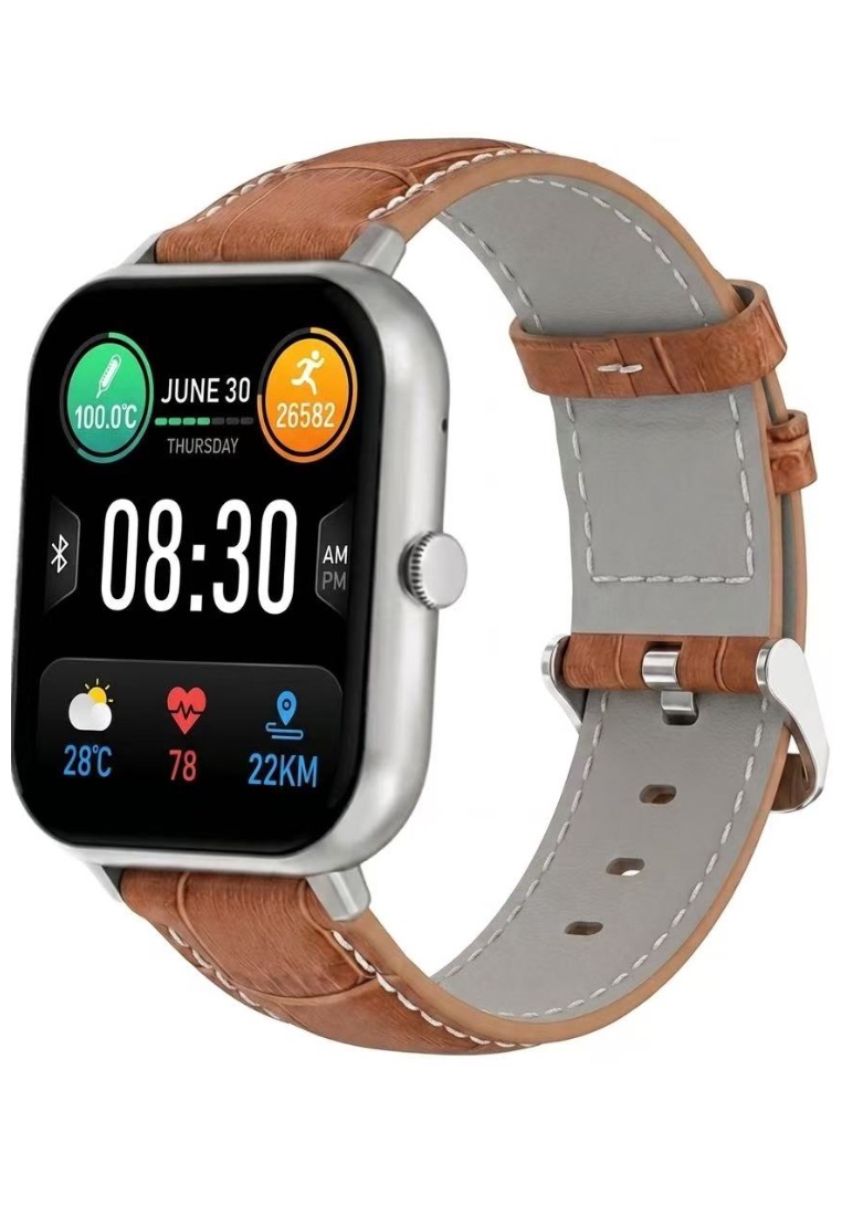 EGLANTINE Smart and Elegant - Unisex Rectangular Smart Watch iOS/Android - Leather Strap + 1 Silver