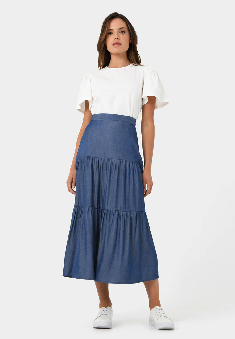 FORCAST Ayleen Chambray Tiered Skirt
