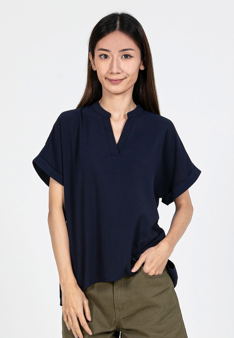 FOREST Forest Ladies Polyester Collar Plain Blouse Women Short Sleeve Blouse - 822417-33Navy