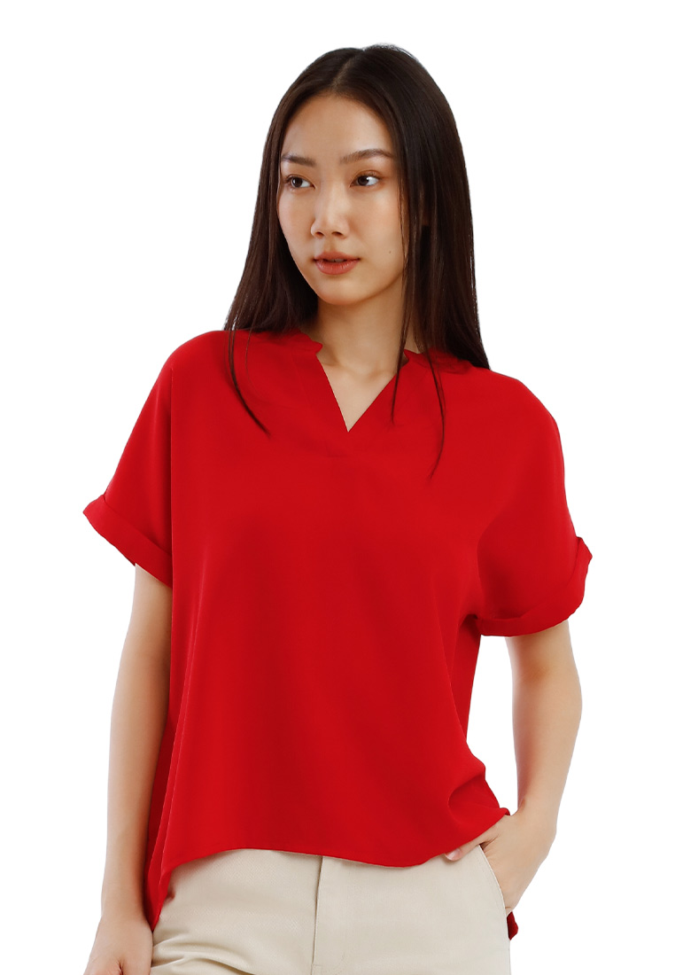 FOREST Forest Ladies Polyester Collar Plain Blouse Women Short Sleeve Blouse - 822417-51Red