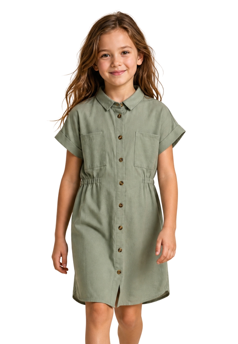 FOREST Forest Girls Cotton Short Sleeve Shirt Dress - FK885066-42LtGreen