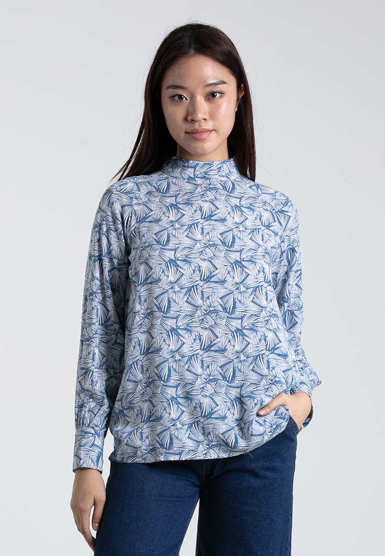 FOREST Forest Ladies Floral Pattern Mock Neck Rayon Blouse Women Long Sleeve Blouse | 822390-38Dusty