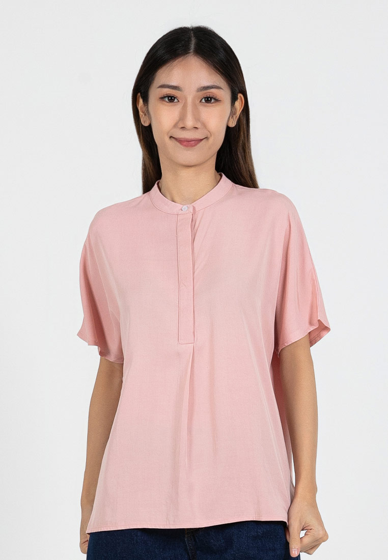 FOREST Forest Ladies Rayon Lyocell Band Collar Plain Blouse Women Short Sleeve Blouse - 822415-59Lot