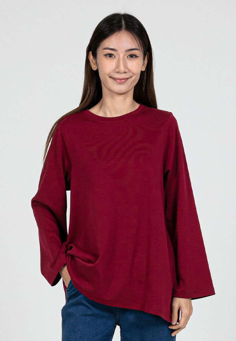 FOREST Forest Ladies Cotton Interlock Long Sleeve Round Neck T-Shirt Women Casual Loose Fit Plain To