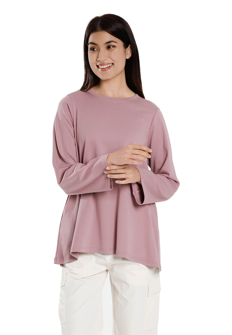 FOREST Forest Ladies Cotton Interlock Long Sleeve Round Neck T-Shirt Women Casual Loose Fit Plain To