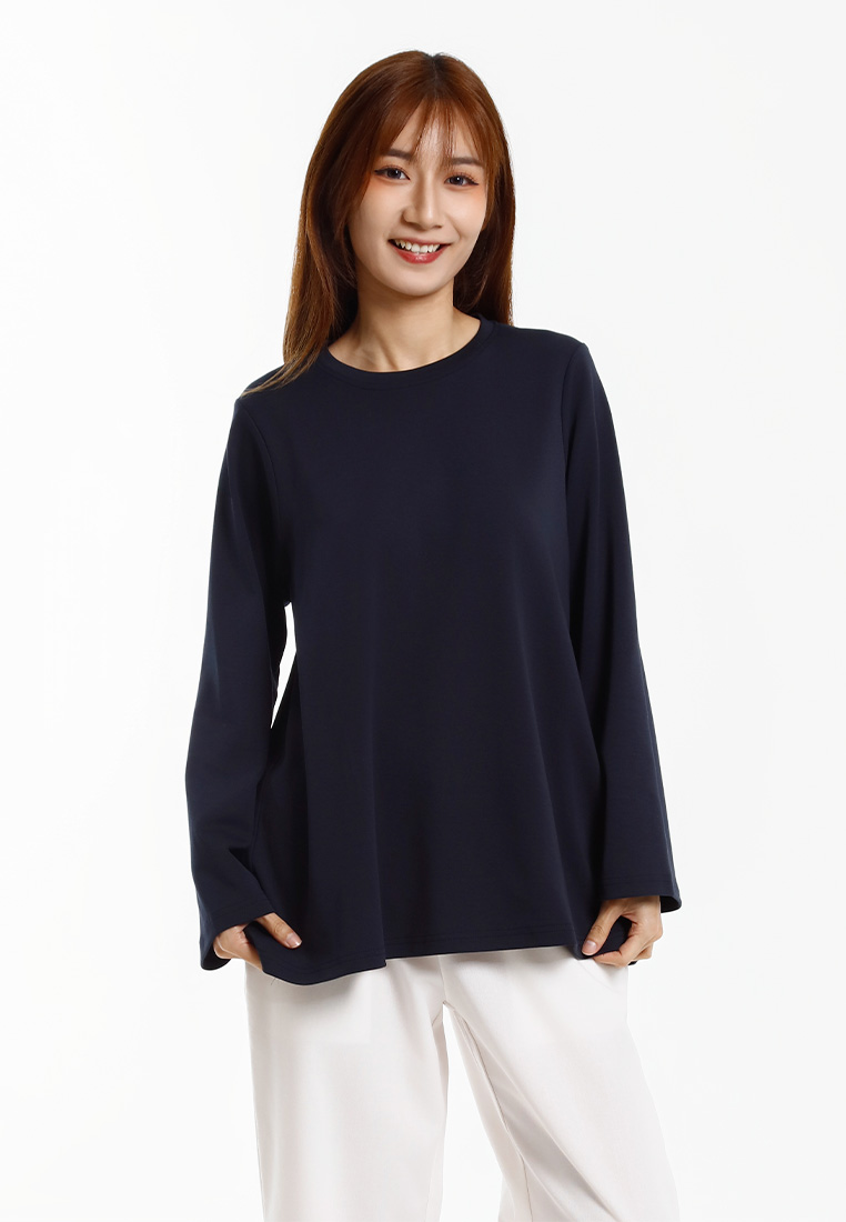 FOREST Forest Ladies Cotton Interlock Long Sleeve Round Neck T-Shirt Women Casual Loose Fit Plain To