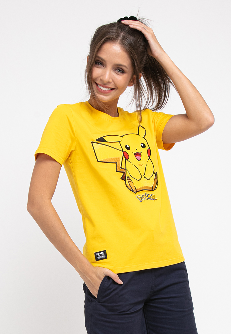FOREST Forest X Pokemon Ladies Coral Fleece Textured Embroidered Pikachu Round Neck Tshirt Women - F