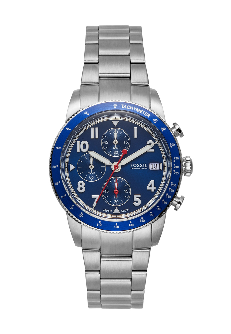 Fossil FS6047 Sport Tourer Chronograph Stainless Steel Watch - 42mm Blue Dial, Silver Band
