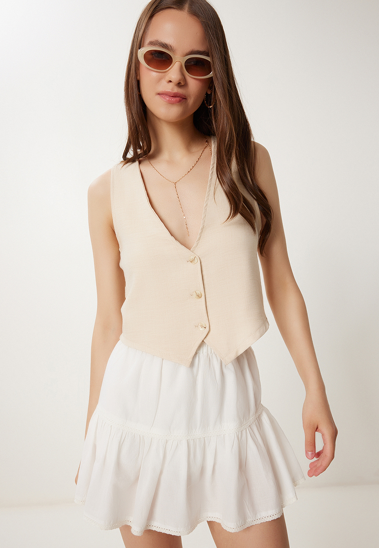Happiness Istanbul Women's Cream Lace Detailed Linen Vest Ok00072
