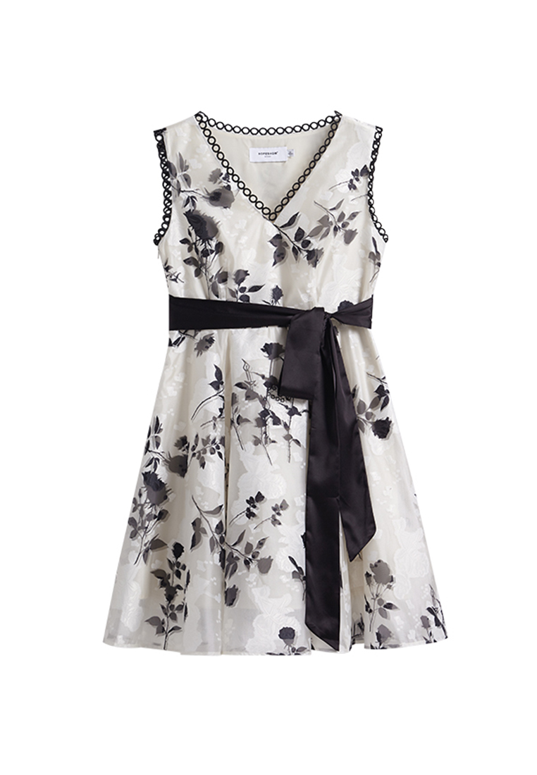 Hopeshow Vintage Sleeveless Midi Dress with Waist Tie