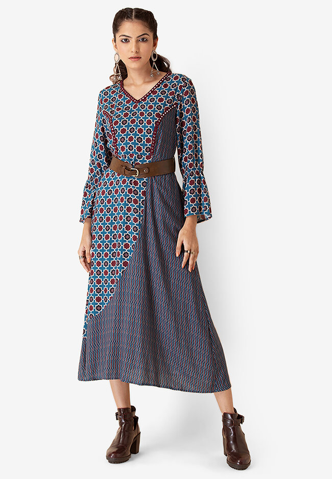 Indya Earthen by Indya:Â Ajrakh Printed Belted A-Line Dress