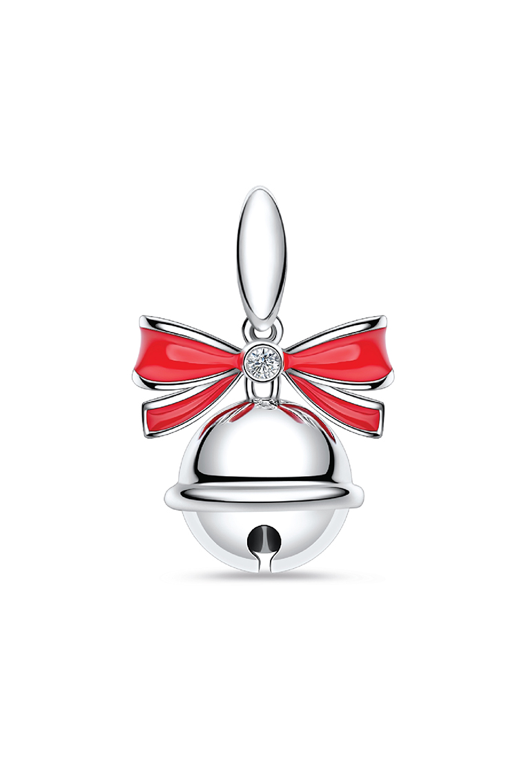LAZO DIAMOND LAZO DIAMOND Twinkle Bell with Red Ribbon Diamond Pendant in 9k White Gold