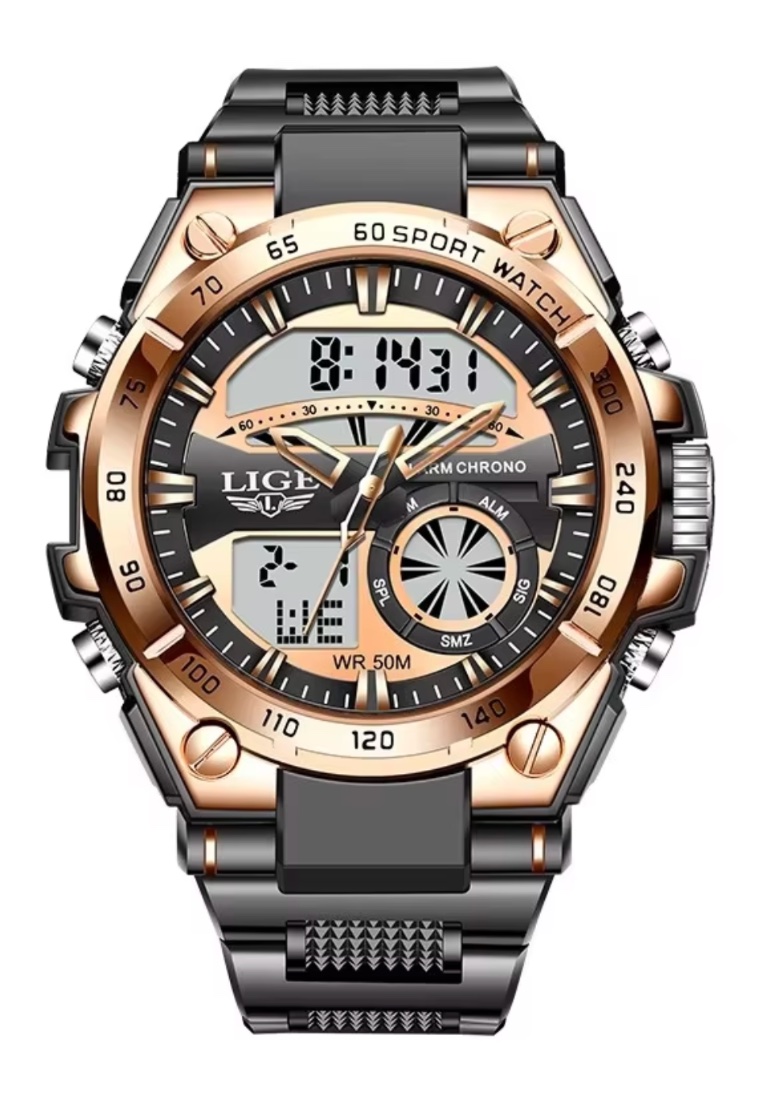 LIGE Unisex Digital/Analogue Sport Watch, Black Rubber Strap