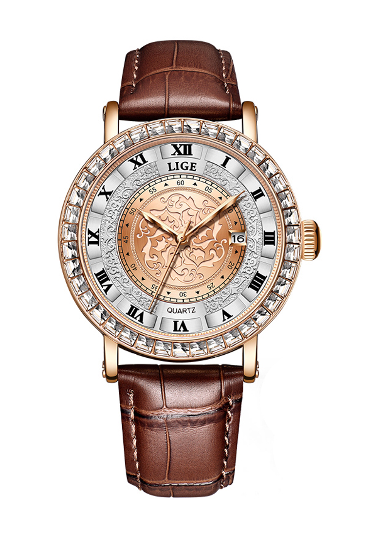 LIGE Unisex IP Rose Gold Color Quartz Watch, Crystal Paved 42mm watch case, Leather Strap