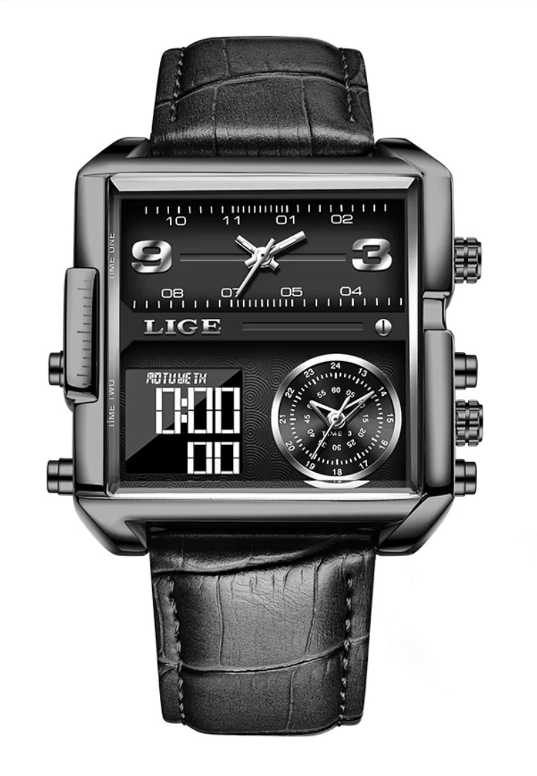 LIGE Hollow Square Chronograph Two Time Zones Unisex IP Black Stainless Steel Quartz Watch 42mm(W) X
