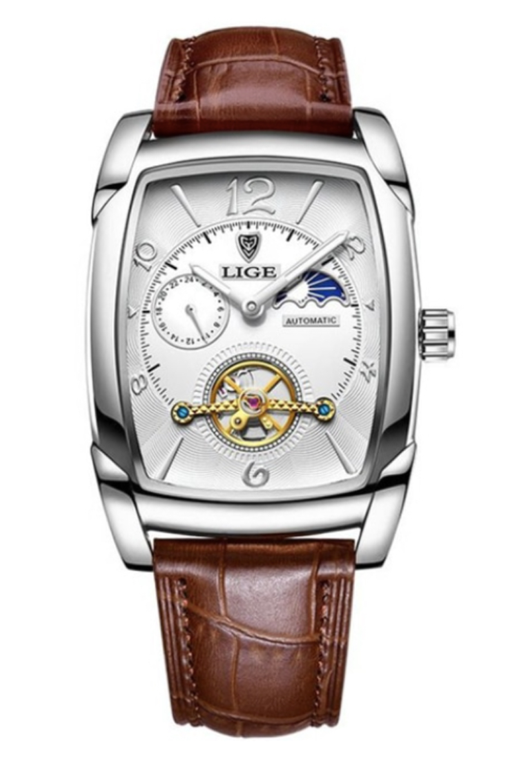 LIGE Unisex AUTOMATIC Stainless Steel Barrel-shape Watch 46x38mm, Brown Leather Strap