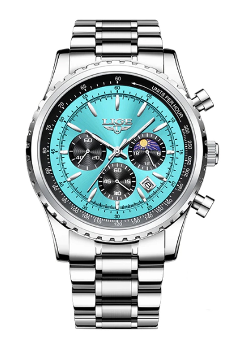 LIGE 47mm Unisex Chronograph Stainless Steel Quartz Watch on Steel Bracelet