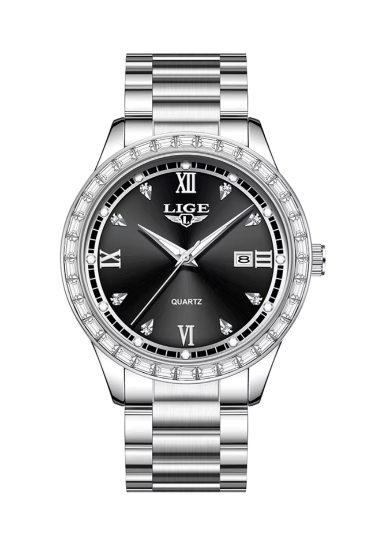 LIGE Unisex Quartz Watch, Crystal Paved 41mm watch case, Stainless Steel Bracelet