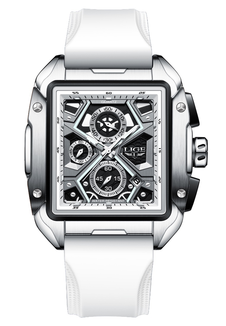 LIGE Large Unisex Rectangular Stainless Steel Chronograph Quartz watch 47mm W x 54mm H on White Rubb
