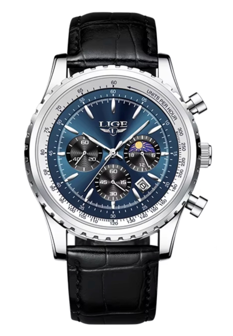 LIGE 47mm Unisex Chronograph Stainless Steel Quartz Watch, Black Dial, Black Leather Strap