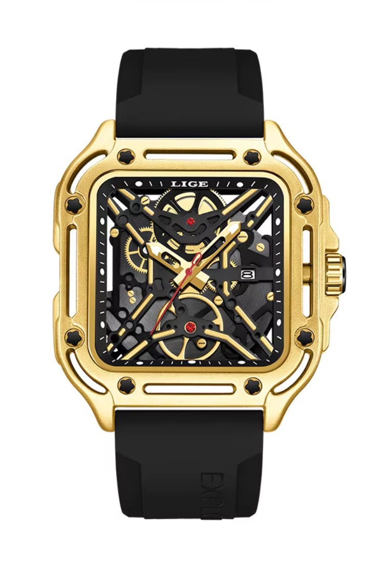 LIGE Unisex See Through Dial Square Quartz Watch 45mm, Black Rubber Strap