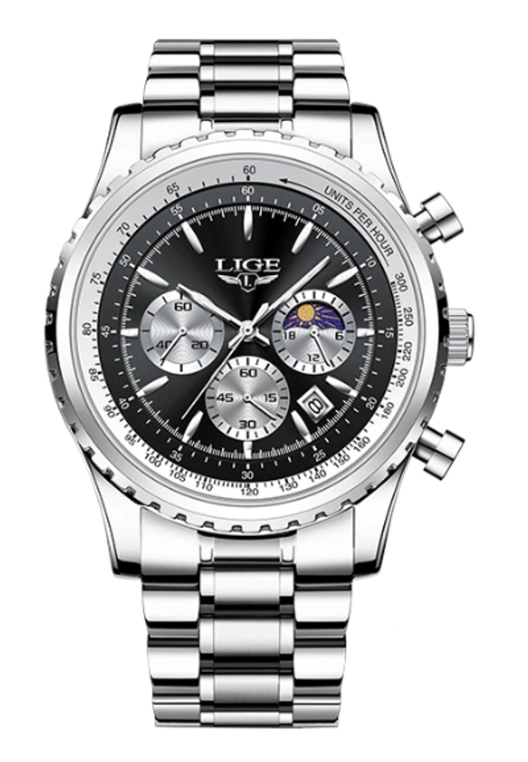 LIGE 47mm Unisex Chronograph Stainless Steel Quartz Watch on Steel Bracelet