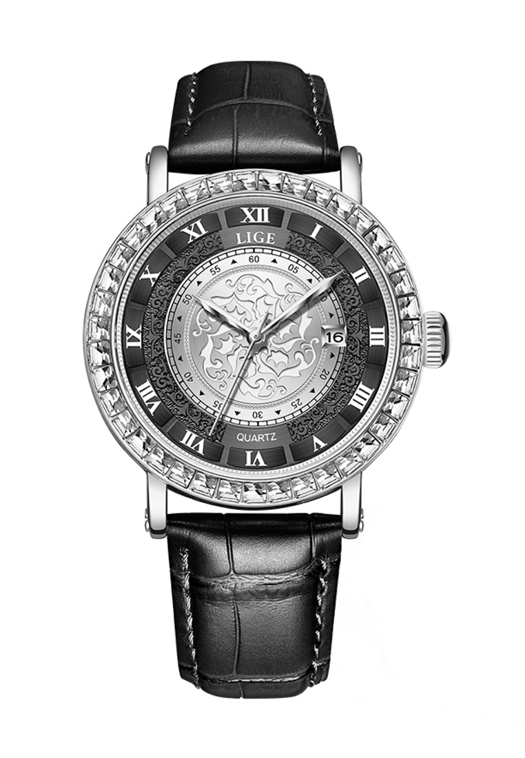 LIGE Unisex Quartz Watch, Crystal Paved 42mm watch case, Leather Strap