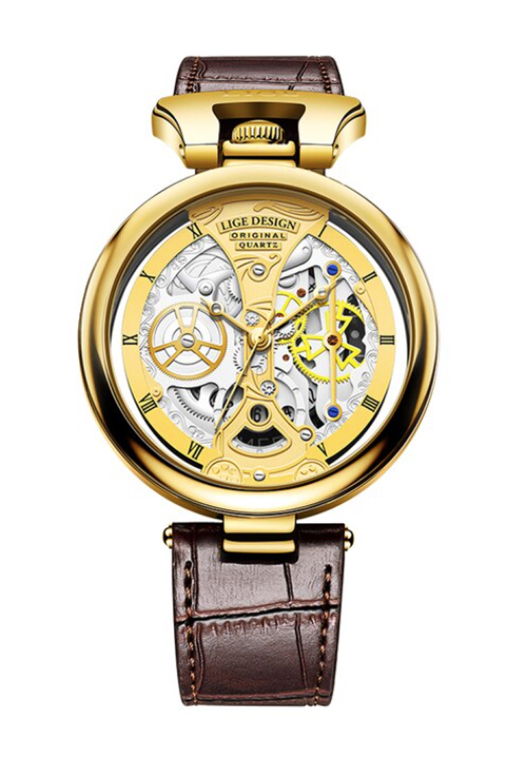 LIGE Unisex 45mm IP Gold Color Stainless Steel Quartz Watch, Hollow Dial on Leather Strap